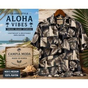 Campia Moda Hawaiian Shirt Men's Medium 100% Rayon Tropical Aloha Camp Shirt